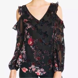 WHBM Blouse Top Cold Shoulder Size 6 Floral Velvet White House Black Market